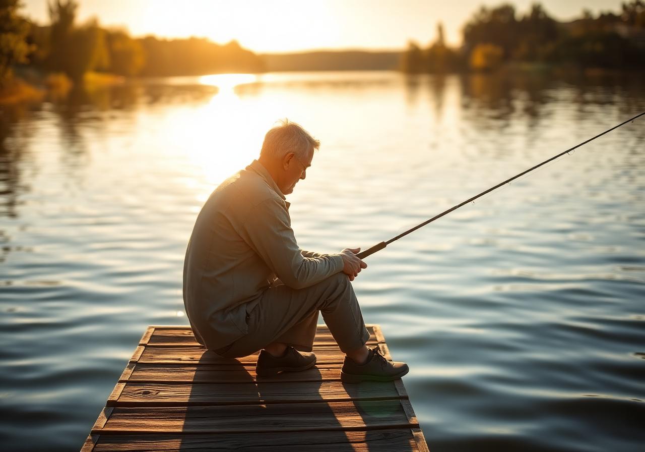 A man fishing from a wooden dock at golden hour