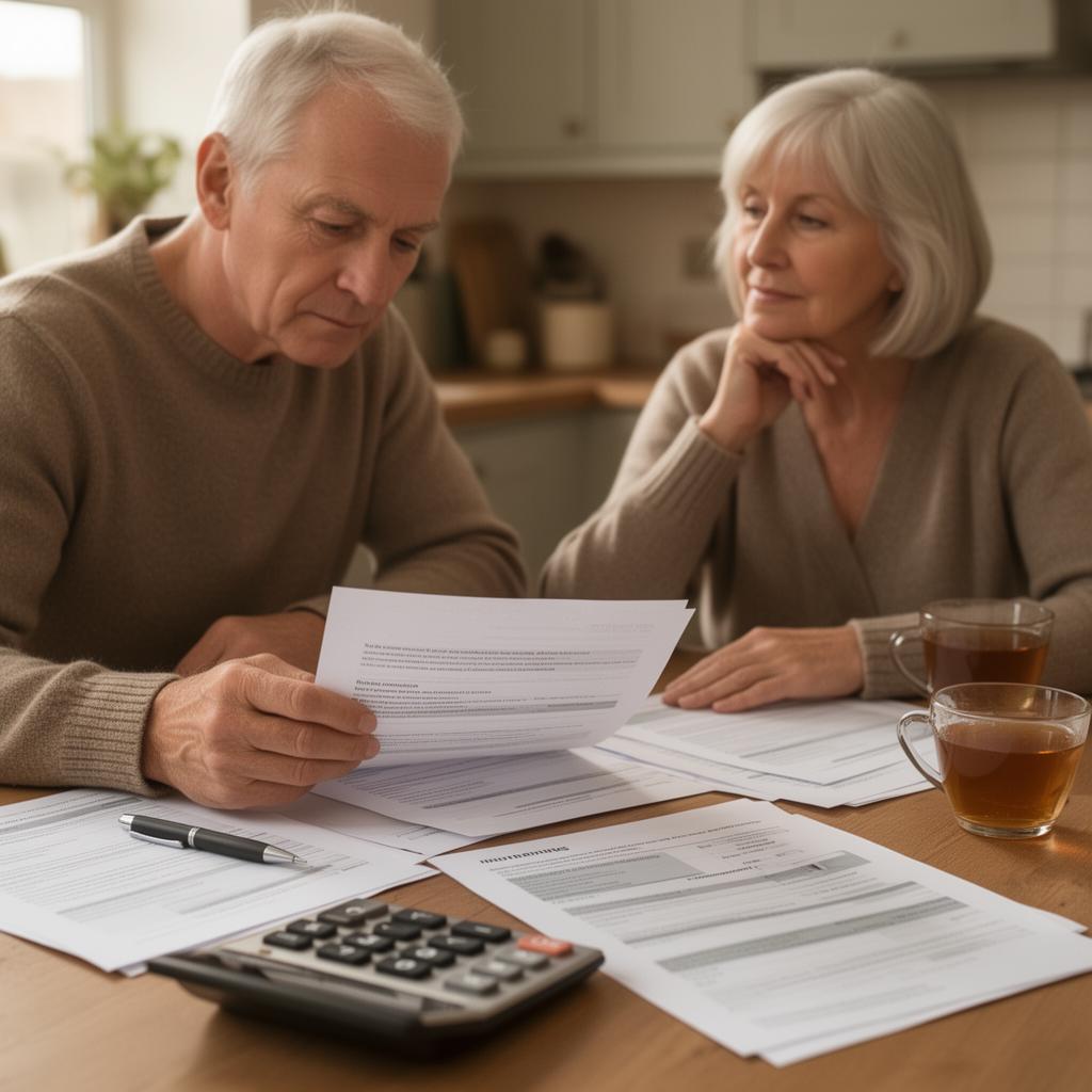 An older couple reviewing paperwork together at home