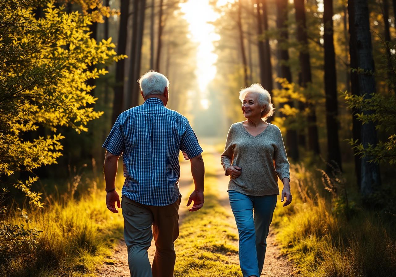 A retired couple walking through a sunlit forest path